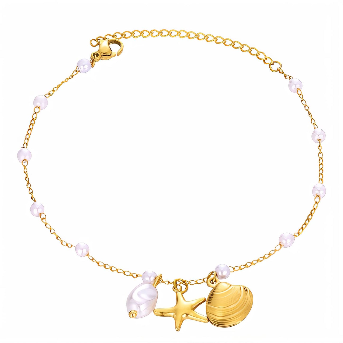 "Starfish And Seashell" Anklet, 18K Gold Plated Steel
