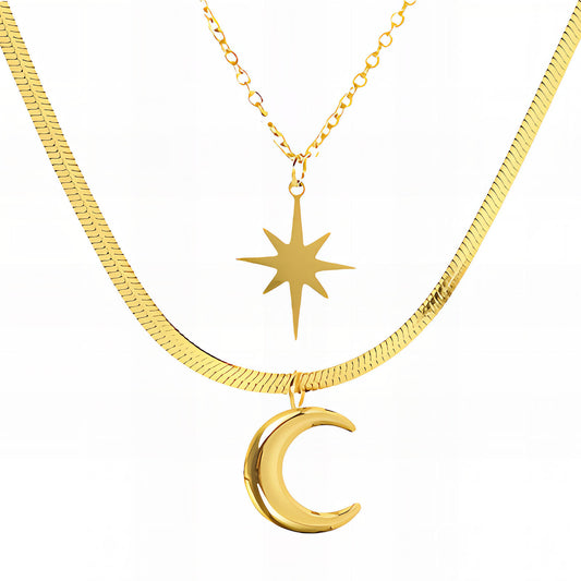 "Crescent And Star" Necklace, 18K Gold Plated Steel